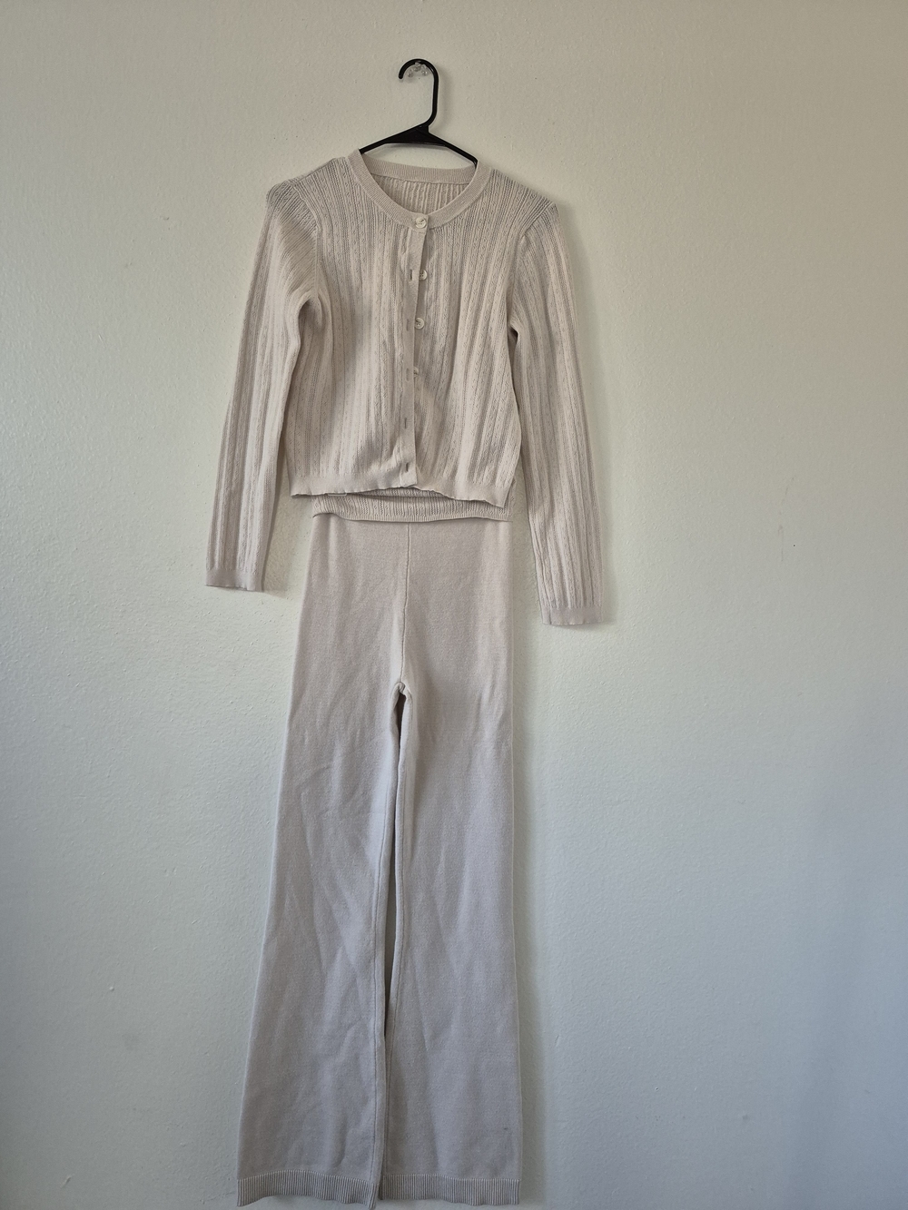 Cream Ribbed Knit Wide-Leg Pants